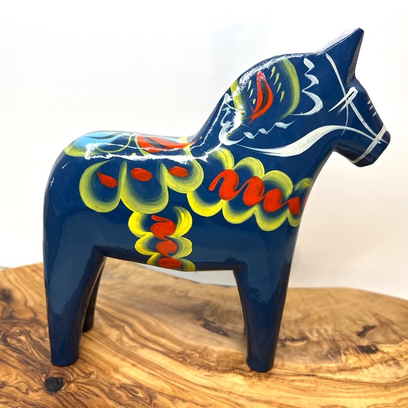 Nils Olsson Blue Dala Wood Swedish Horse 7” Inch Carved Hand Painted Vintage - Picture 4 of 16
